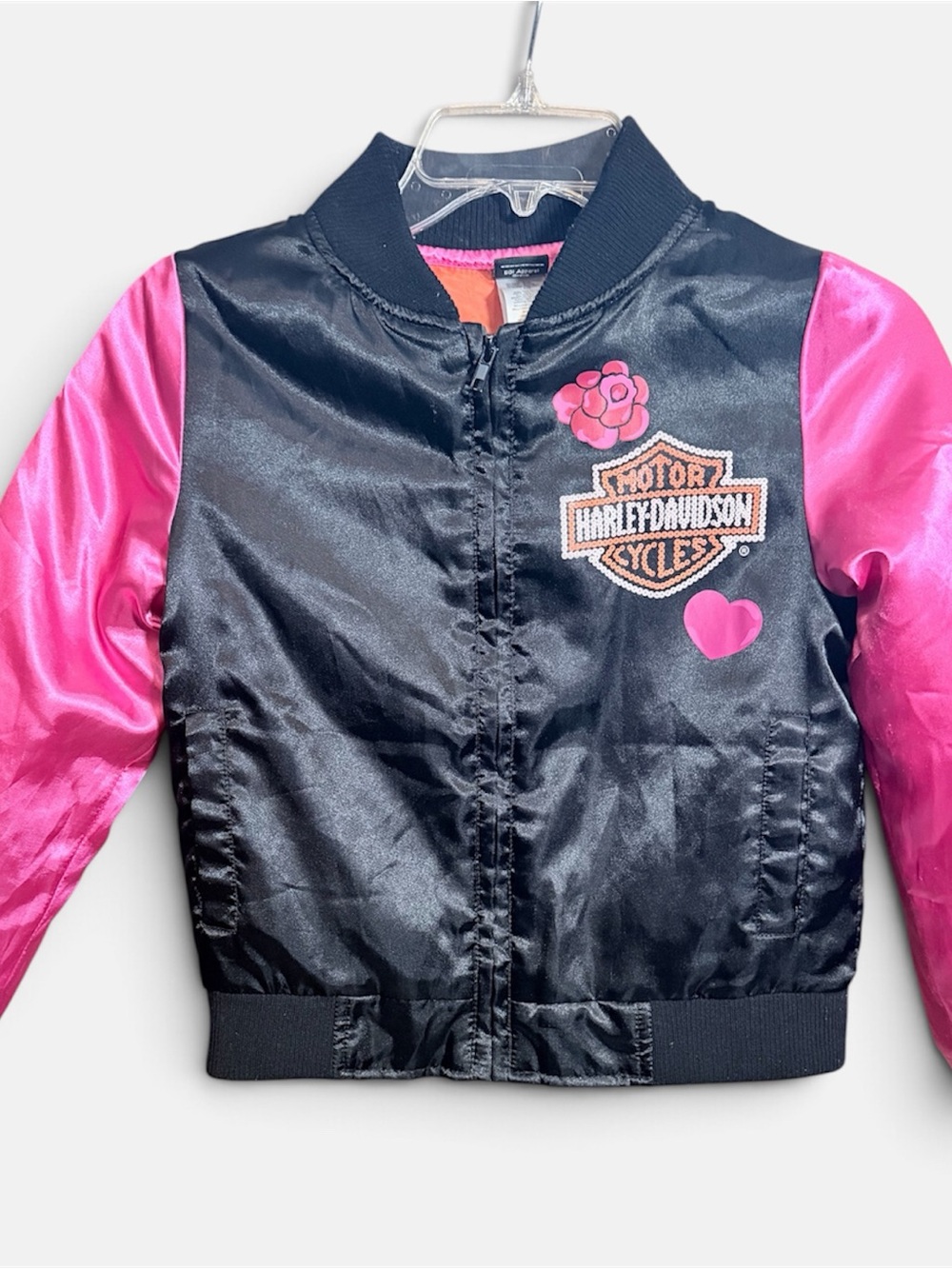 Harley-Davidson Kids Black and Pink Satin Bomber Jacket with Logo